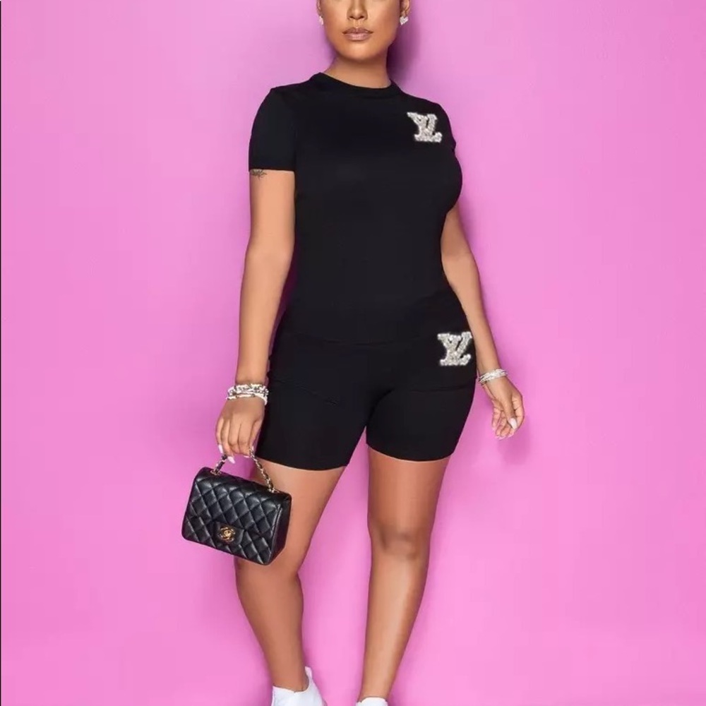 Black Beautiful LV silver lettering Two Piece Sports Outfit Tracksuit